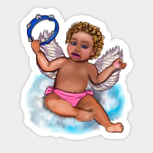 Curly haired Angel playing the tambourine on a cloud- blissful Sun kissed curly haired Baby cherub angel classical art Sticker